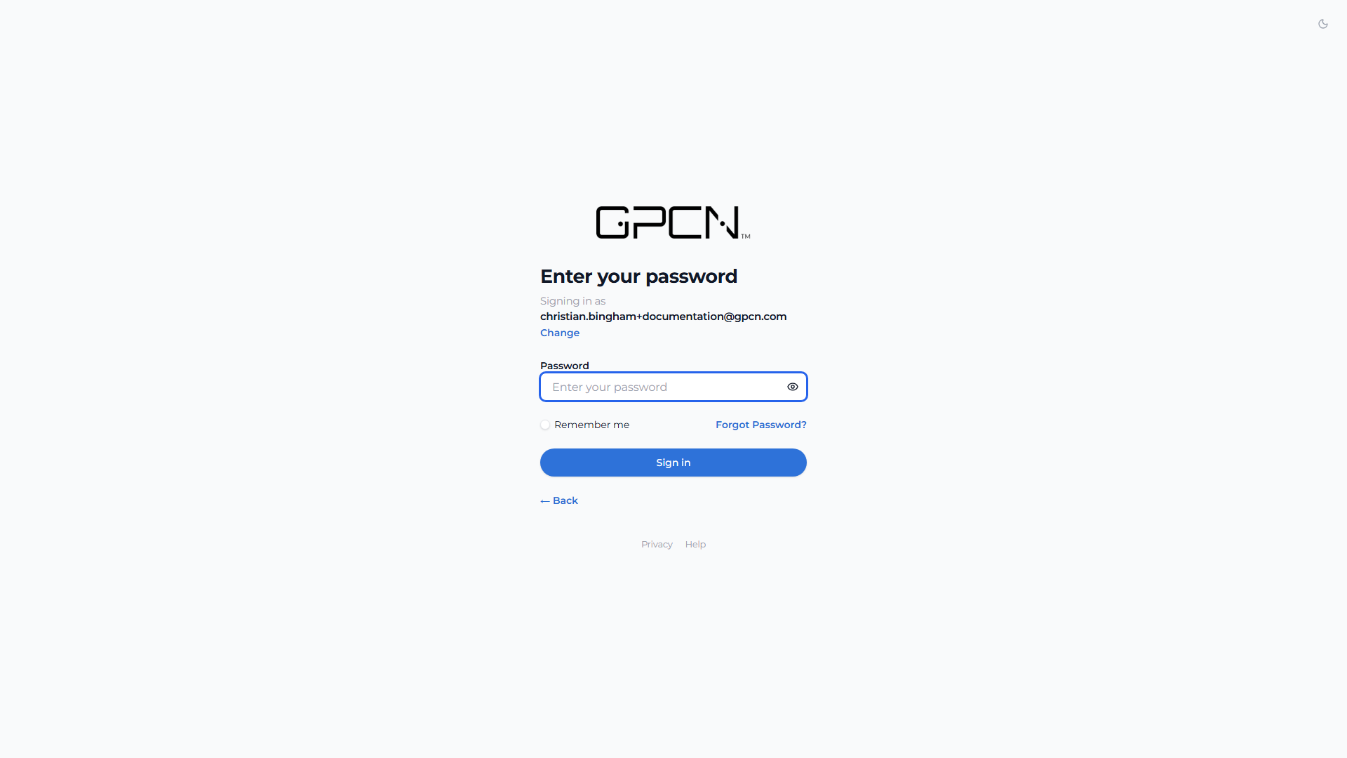 Password step showing the email being signed in as