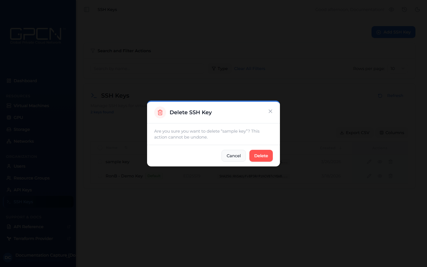 Delete SSH Key confirmation modal