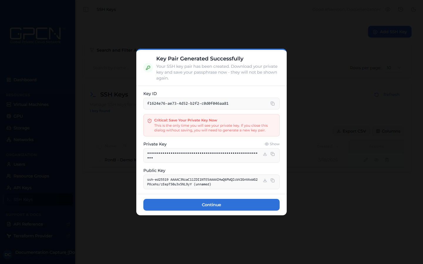 Key generation success screen showing the private key