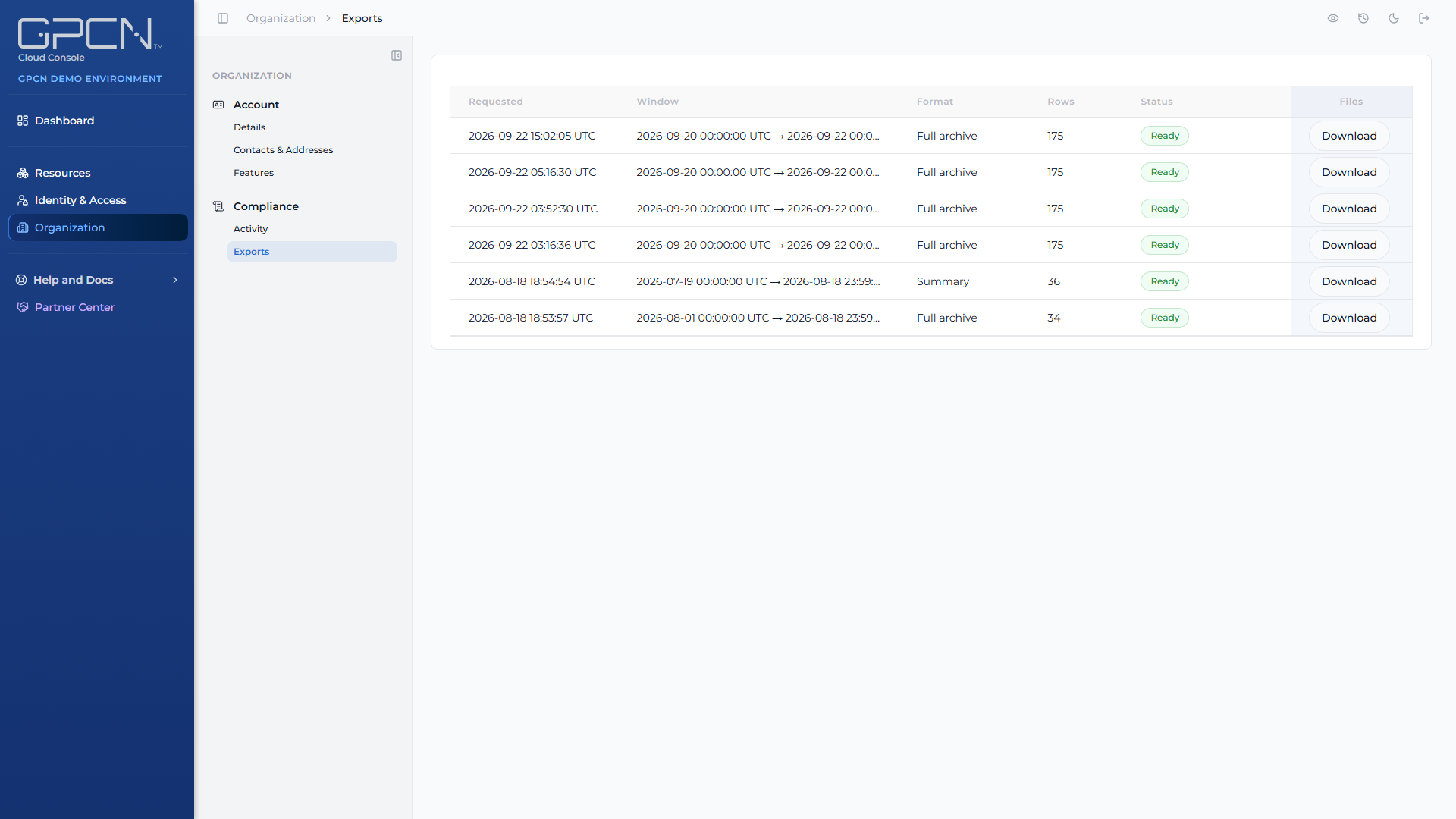 Activity exports page