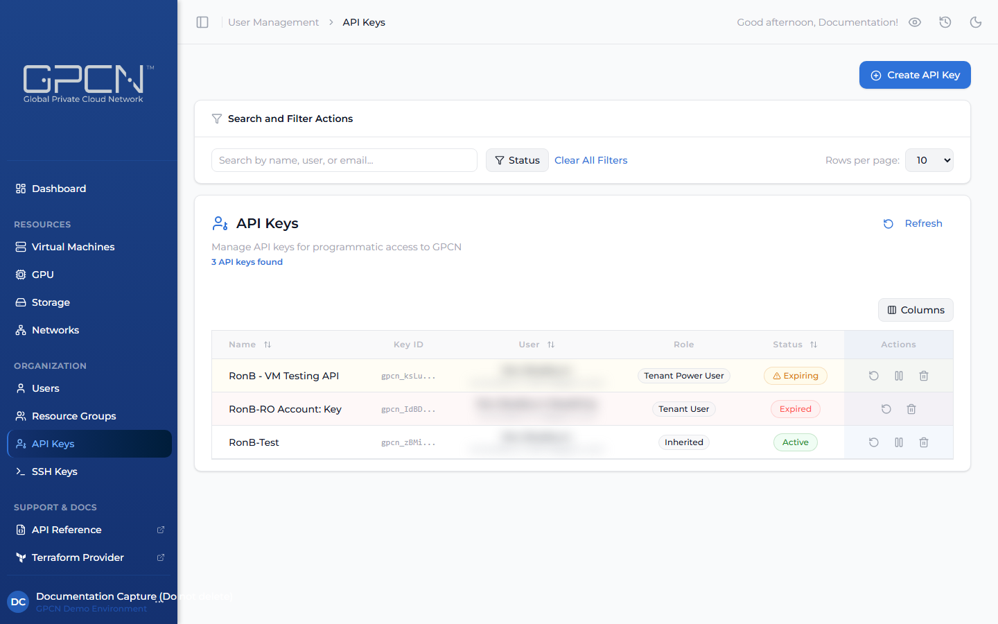 API Keys management page