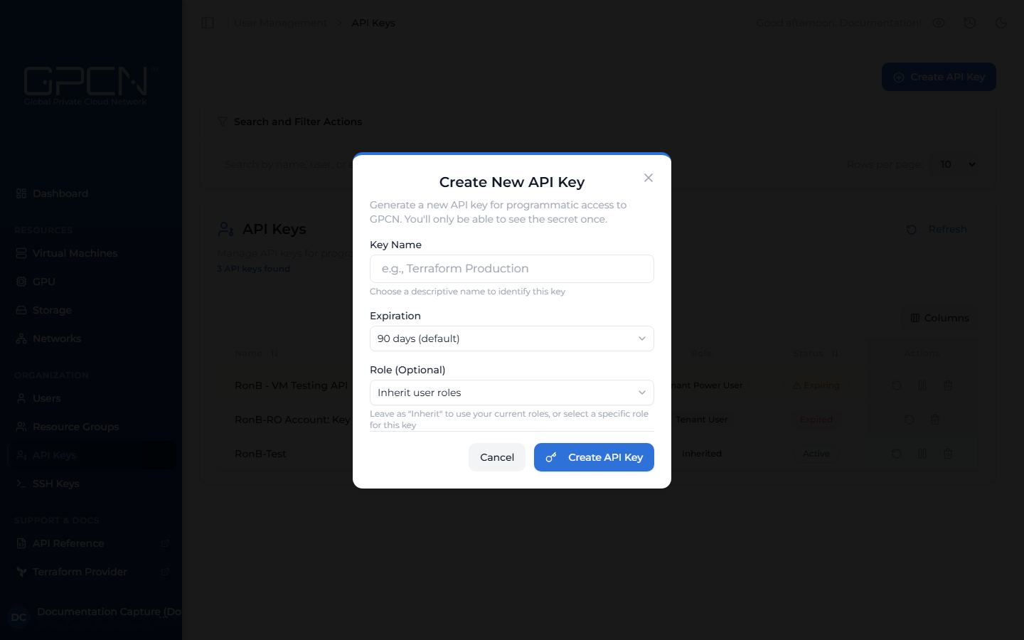 Create API Key dialog