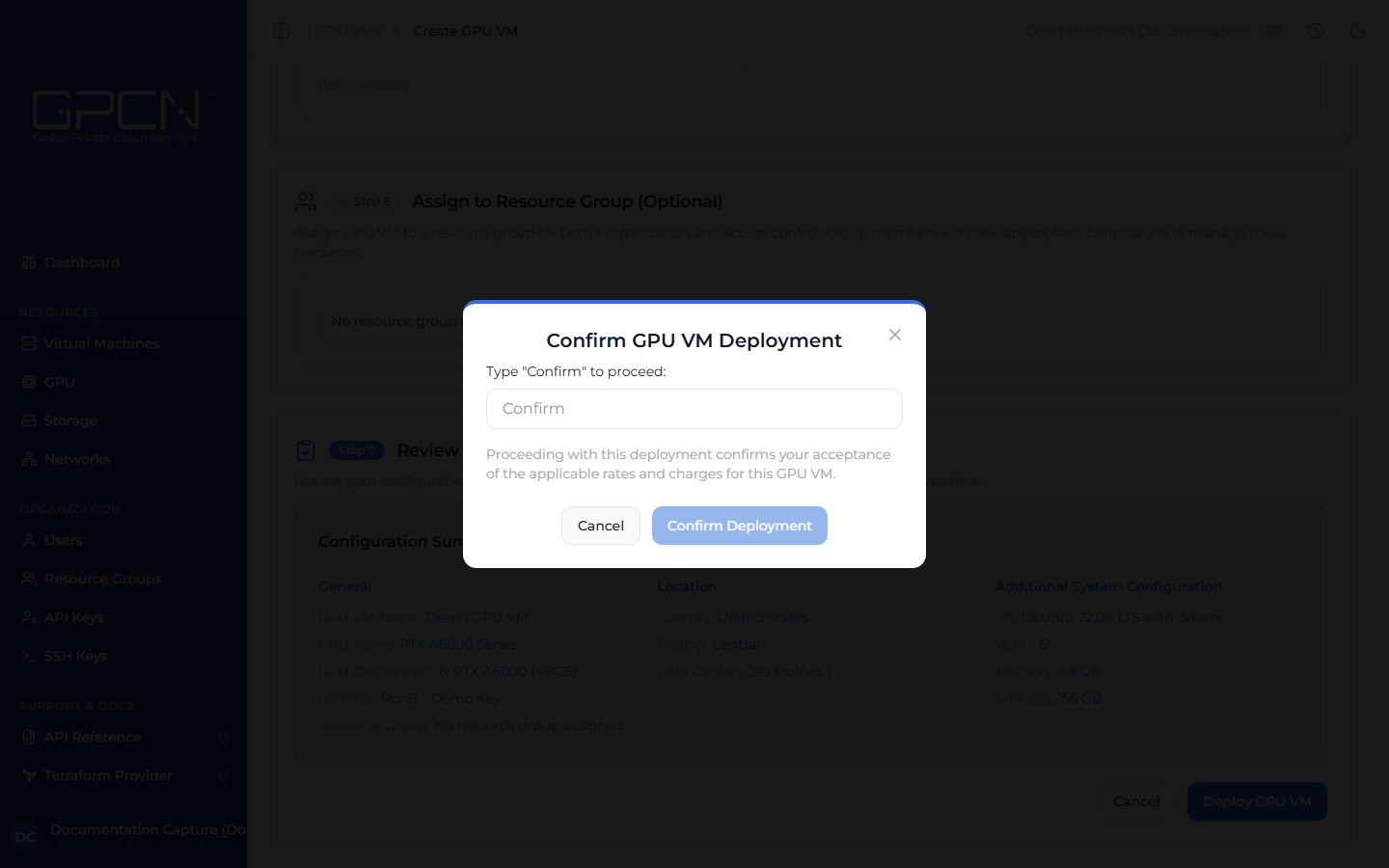 Deployment confirmation dialog
