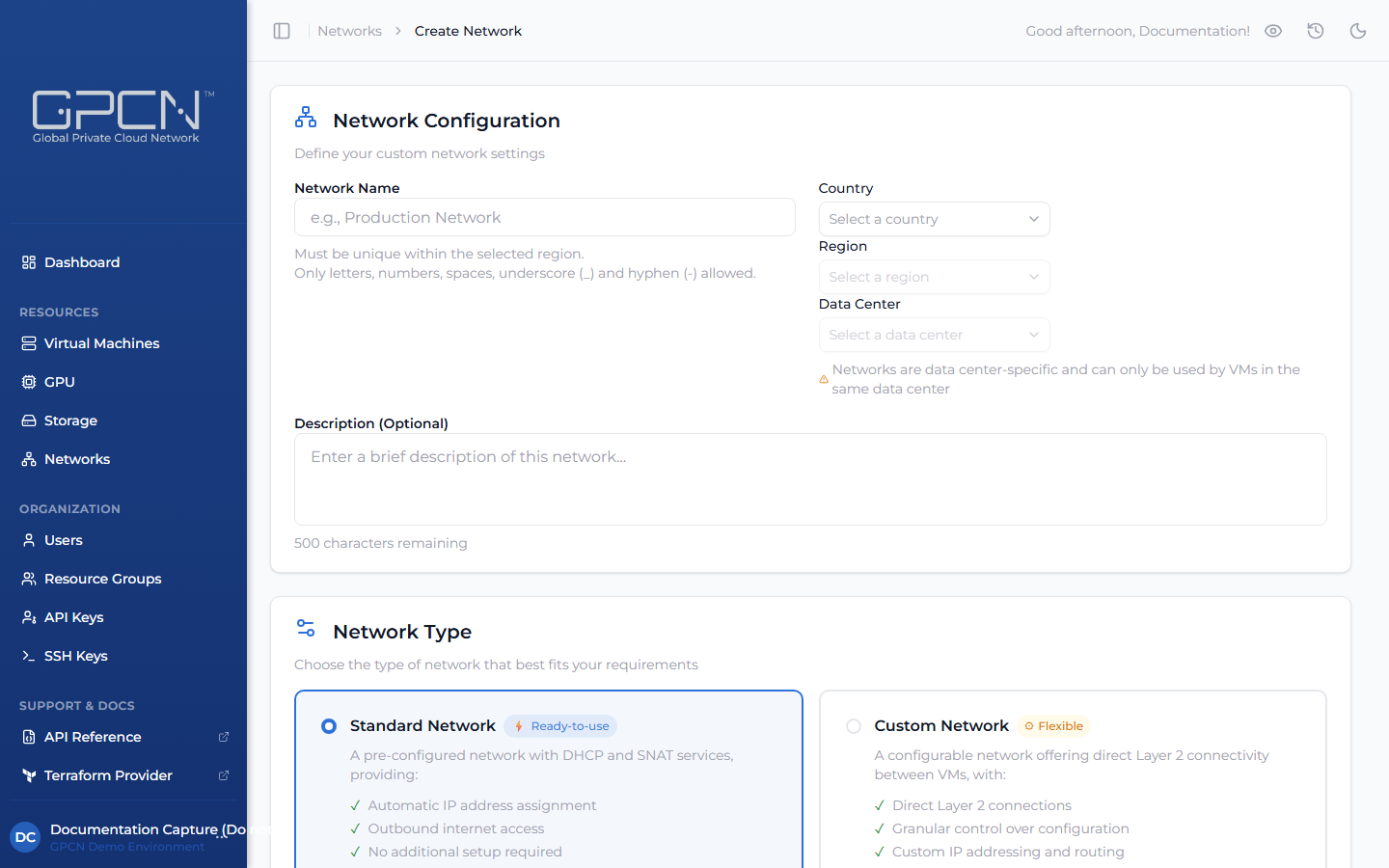 Create Network form