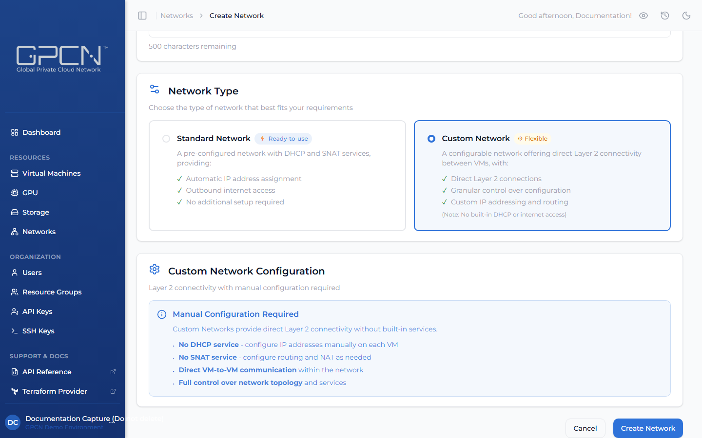 Custom network selected — no IP Addressing section