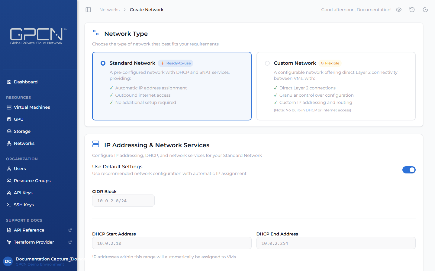 Standard network selected — IP Addressing section visible