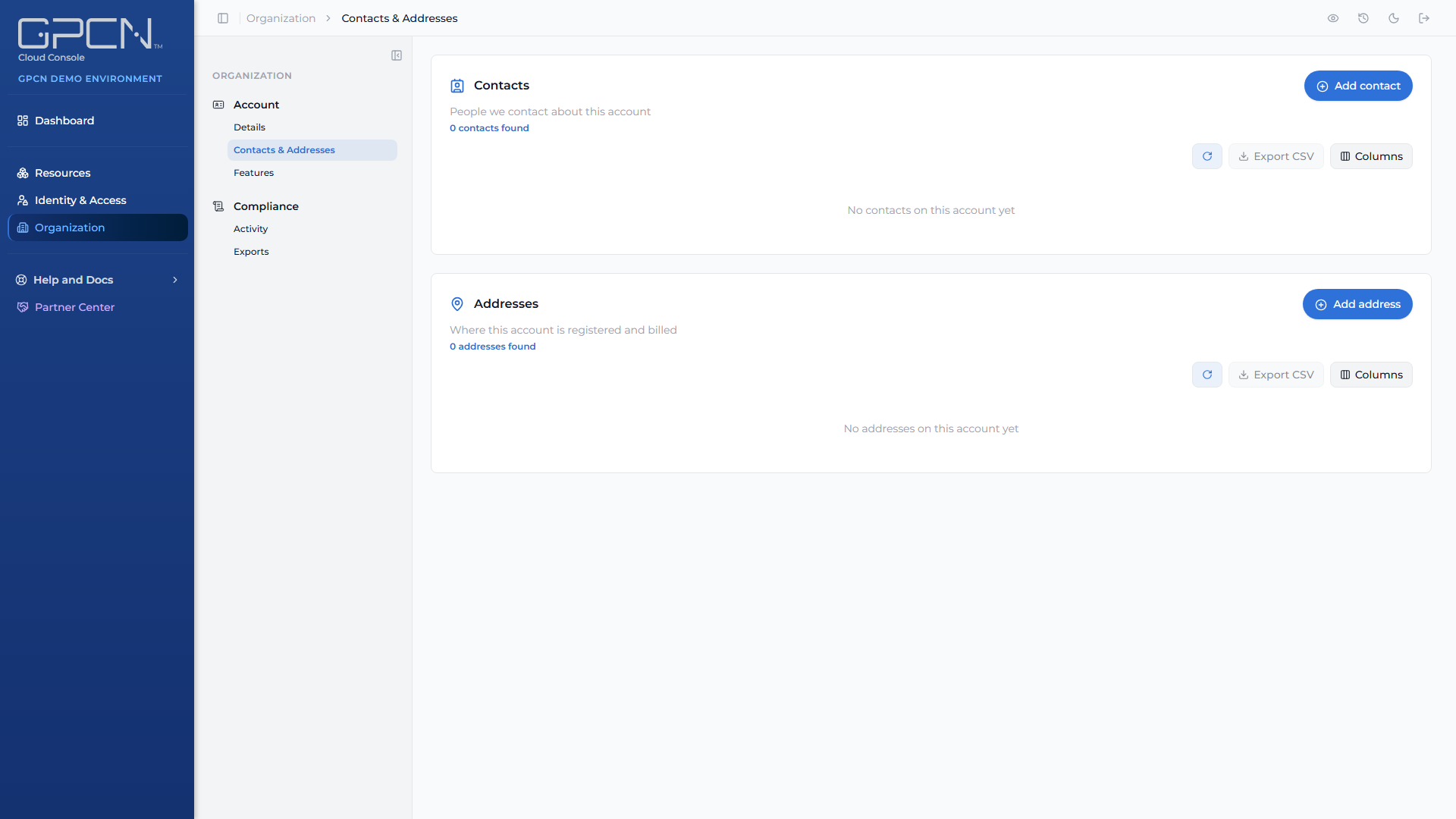 Contacts and addresses page