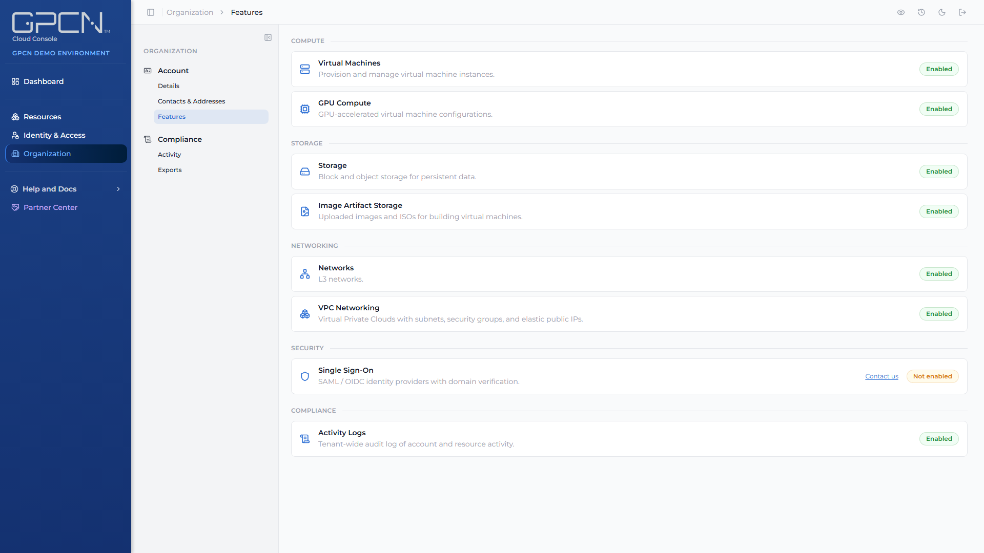 Features page showing enabled features