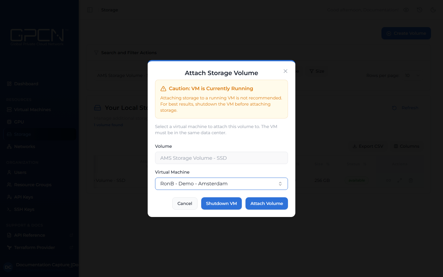 Attach volume dialog