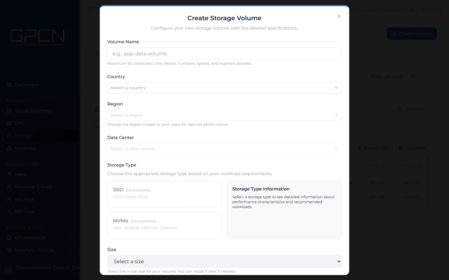 Create volume dialog
