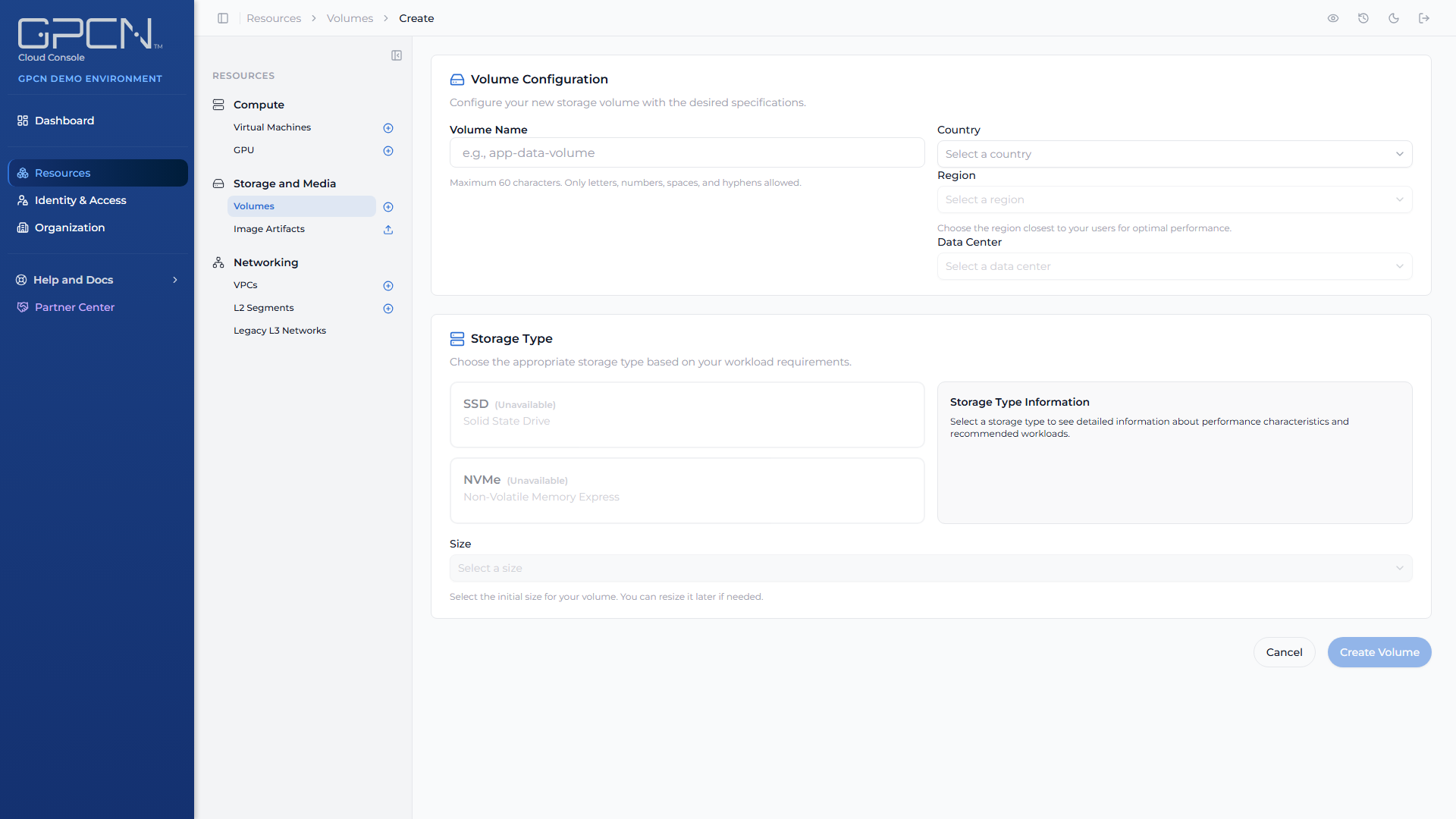 Create Volume page