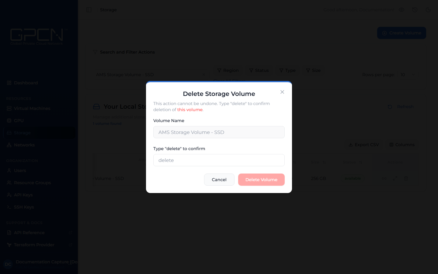 Delete volume dialog