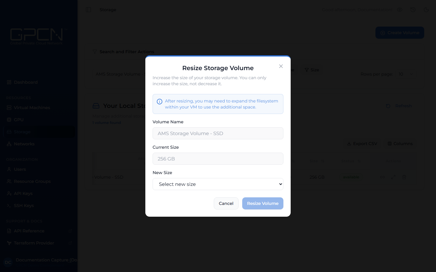 Resize volume dialog