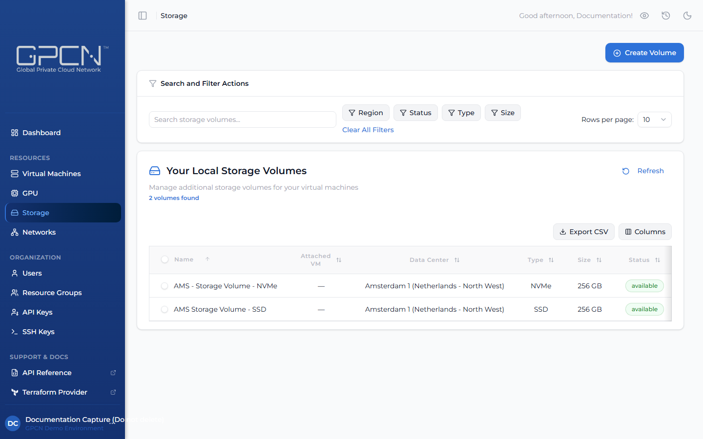 Storage volumes list