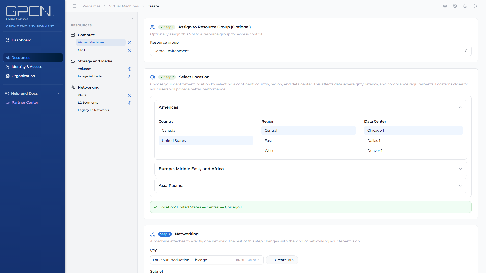 Create VM step 2, select location