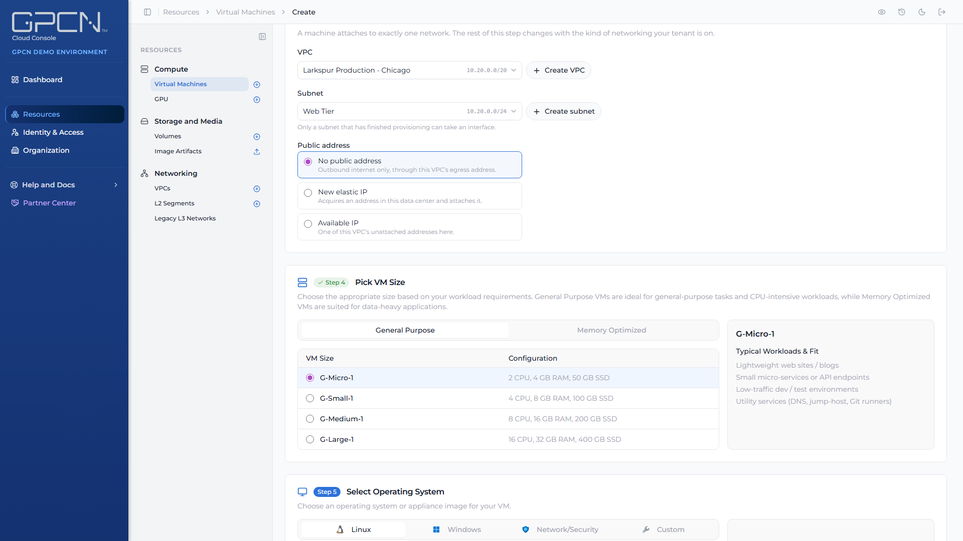 Create VM step 4, pick VM size