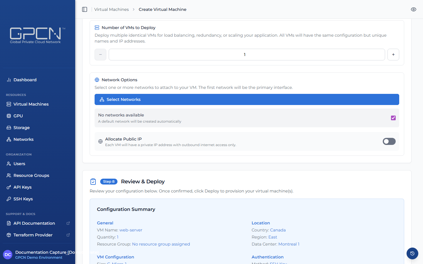 Allocate Public IP toggle in the VM creation form
