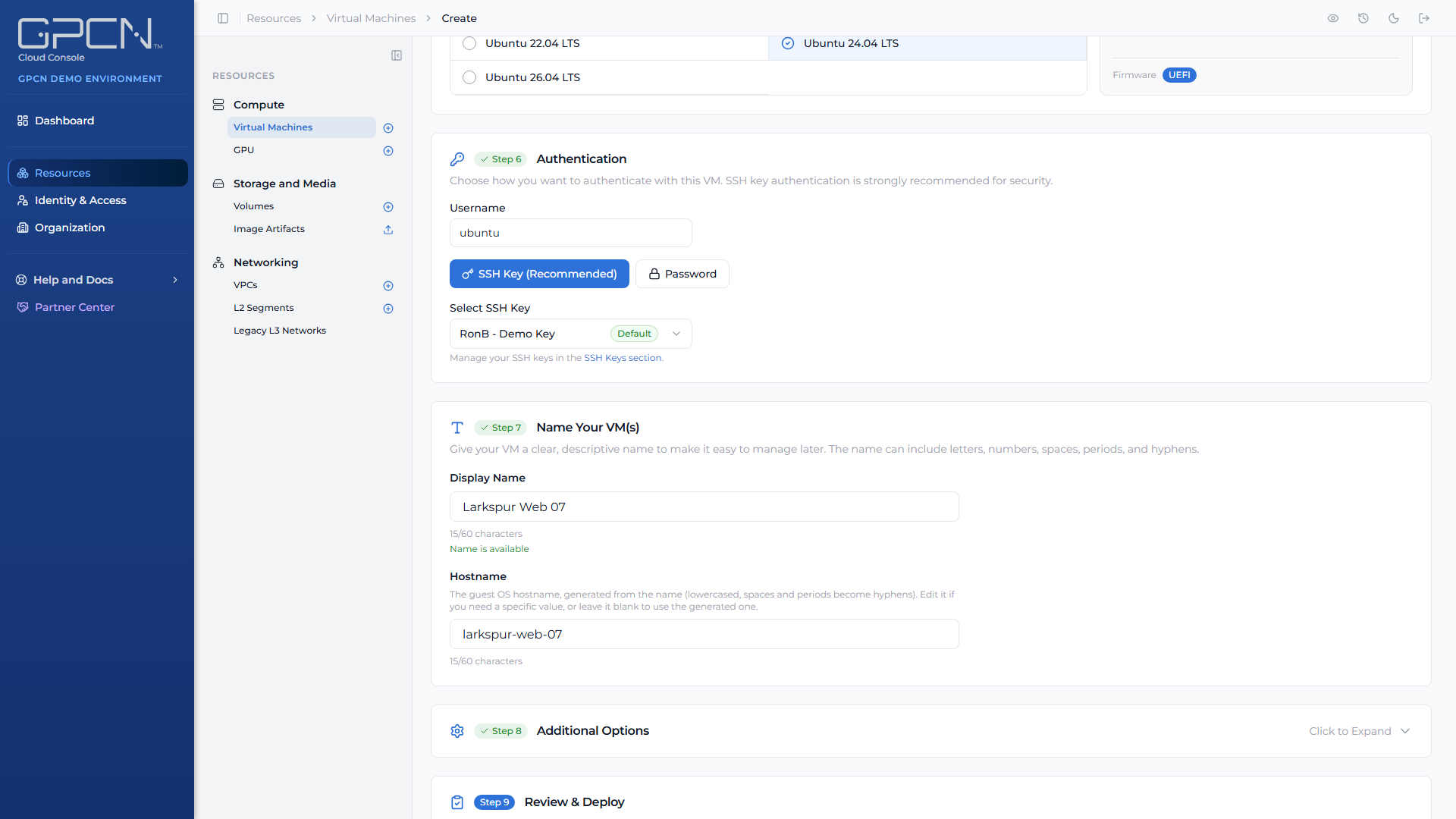 Create VM step 7, name and hostname