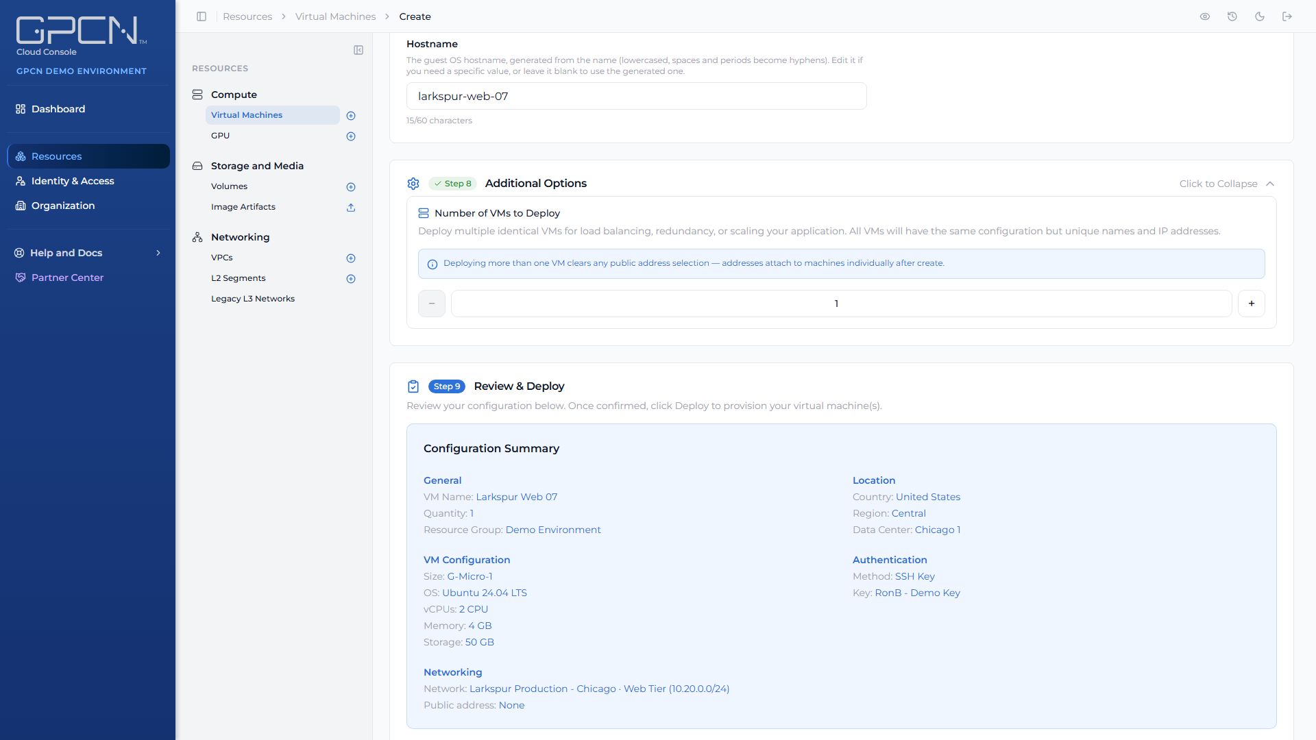 Create VM step 9, review and deploy