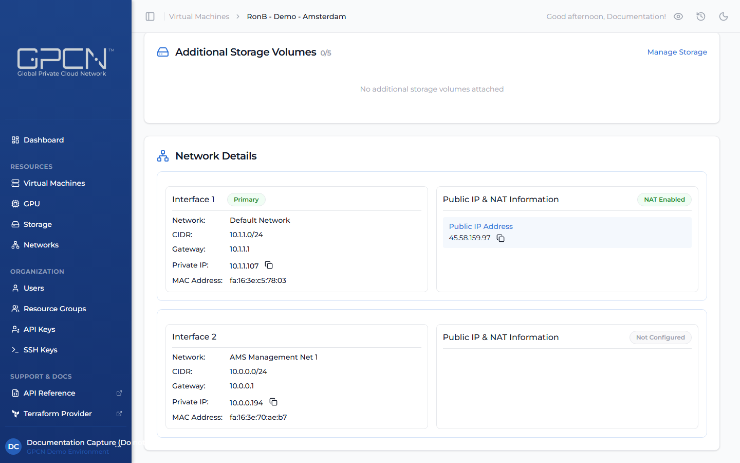 VM network interfaces section