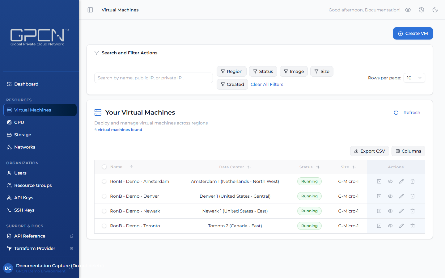 Virtual Machines list