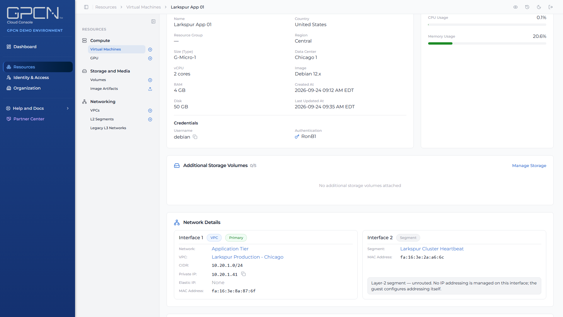 VM detail page storage and resource usage cards