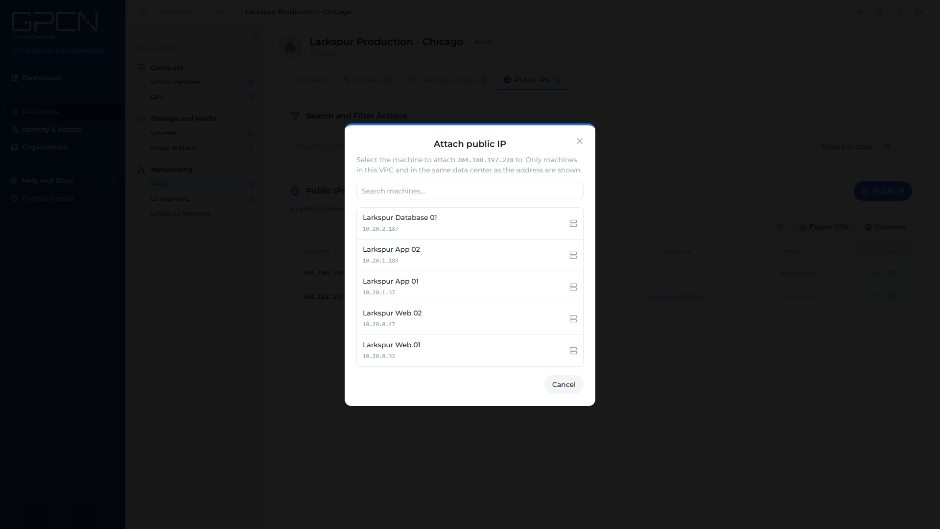 Attach elastic IP dialog