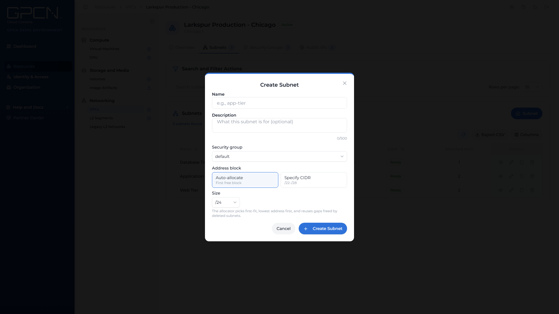Create subnet dialog