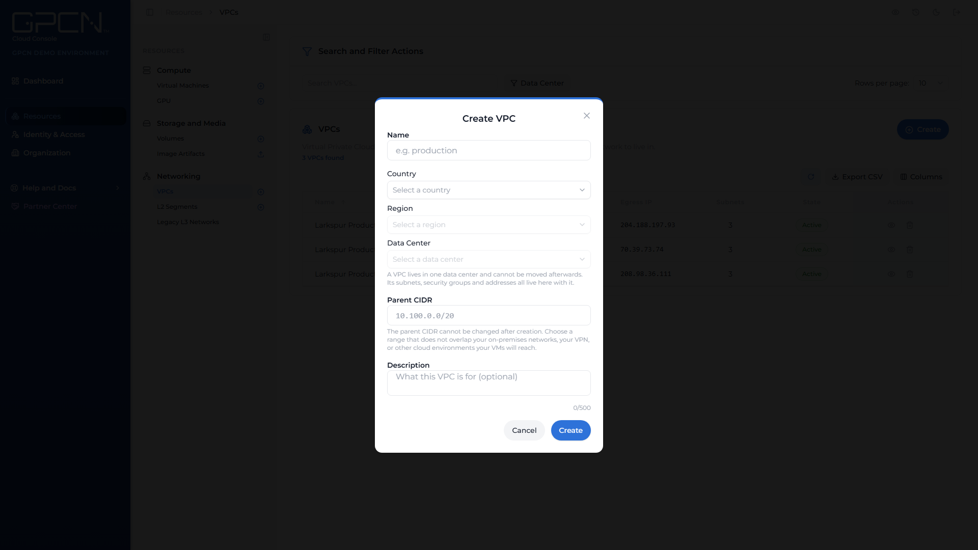 Create VPC form