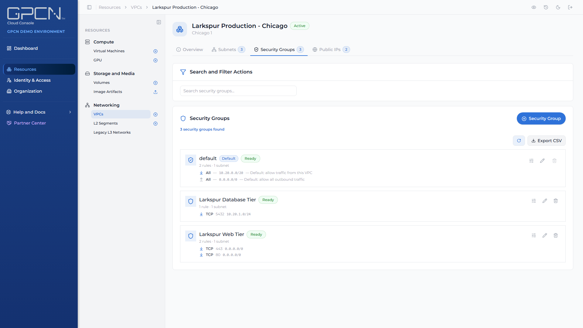 Security Groups tab of a VPC