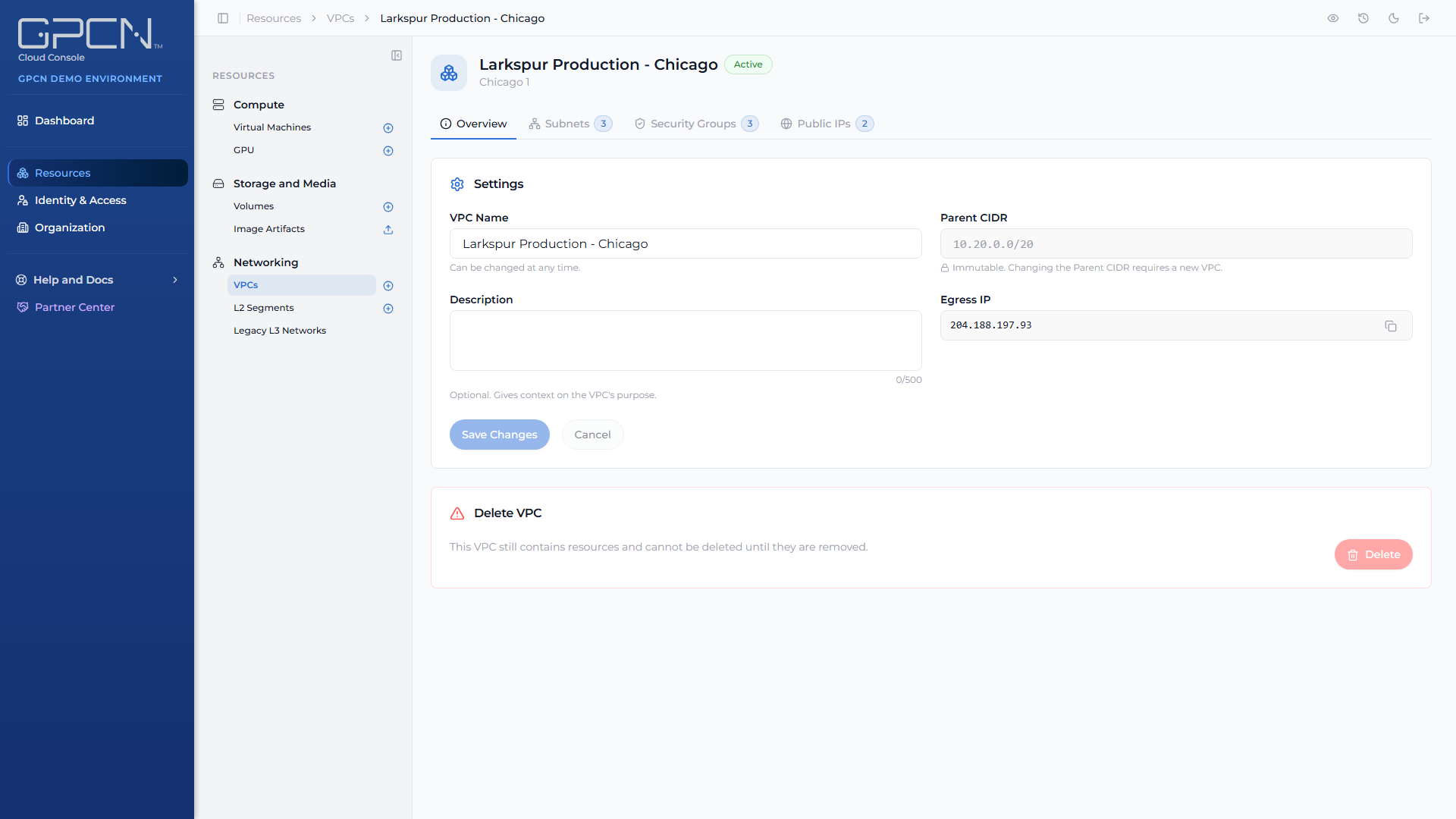 VPC detail page with its four tabs